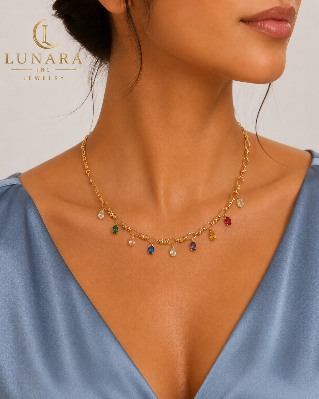 Rainbow Crystal Double Chain Necklace