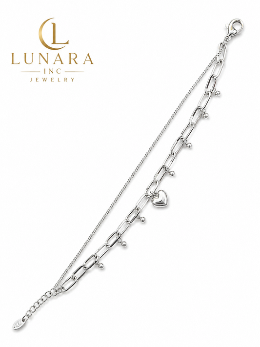 Silver Heart Double Chain Bracelet