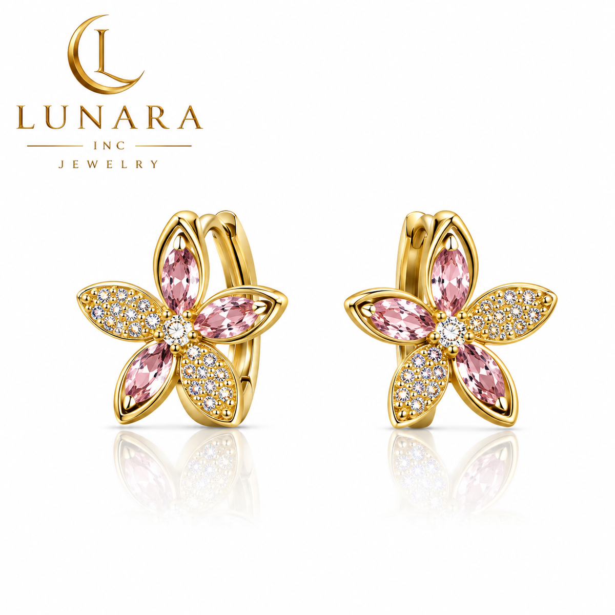 Sparkling Flower Huggie Earrings – Pink & Red