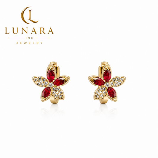 Sparkling Flower Huggie Earrings – Pink & Red