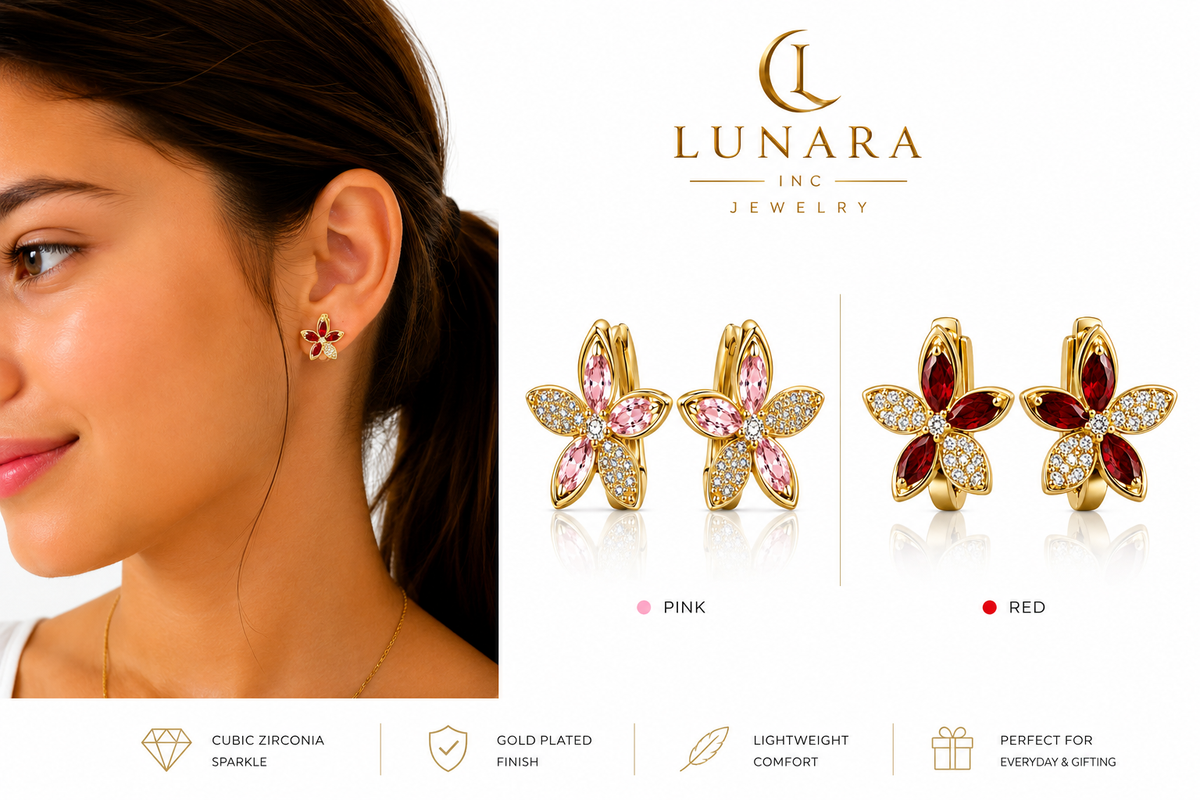 Sparkling Flower Huggie Earrings – Pink & Red