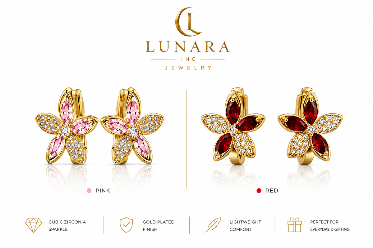 Sparkling Flower Huggie Earrings – Pink & Red