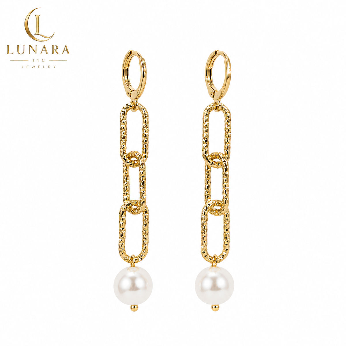 Golden Link Pearl Drop Earrings