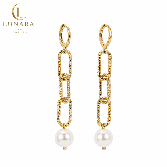 Golden Link Pearl Drop Earrings