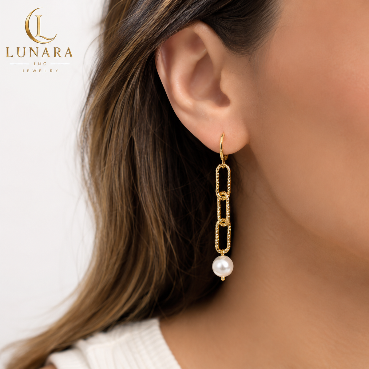 Golden Link Pearl Drop Earrings