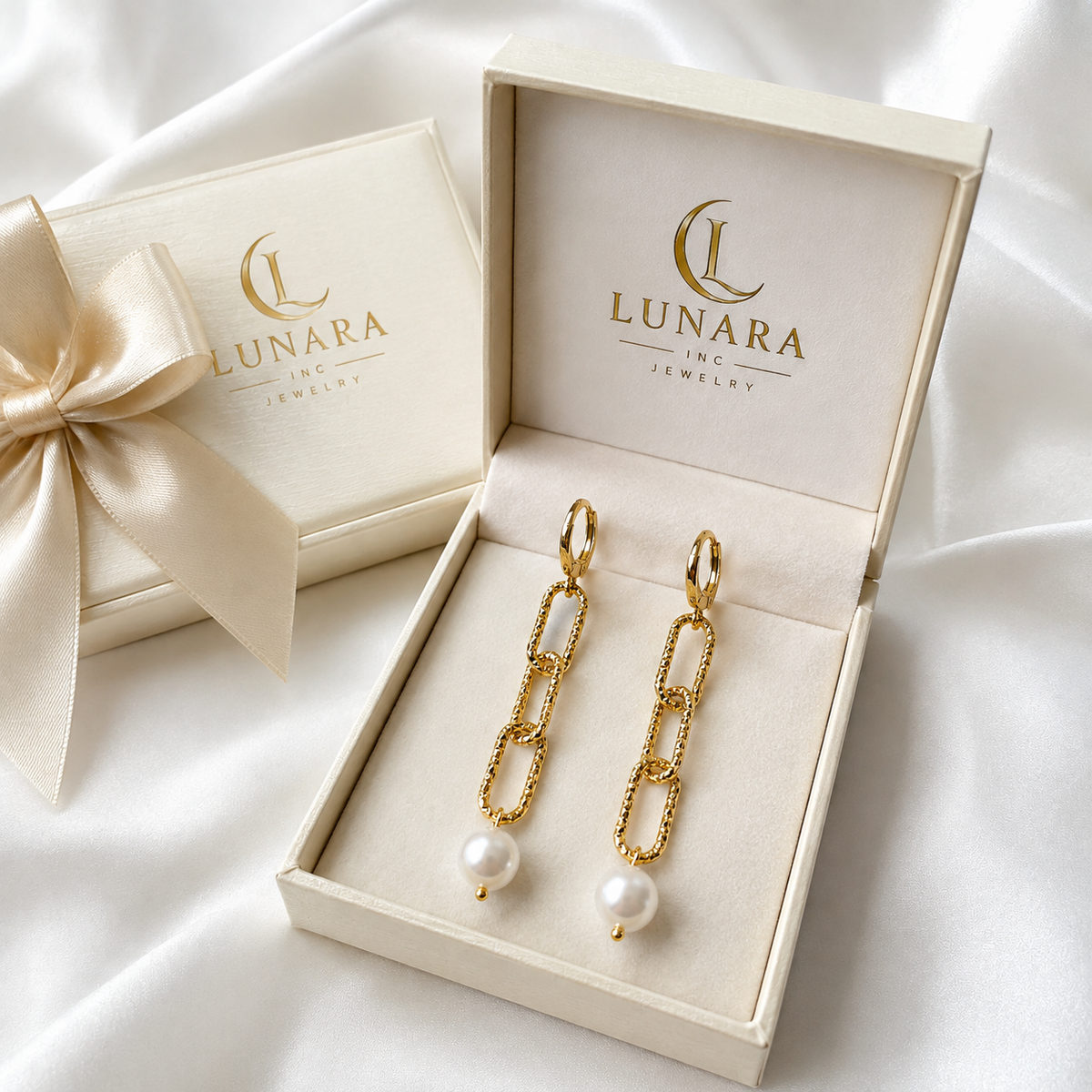 Golden Link Pearl Drop Earrings