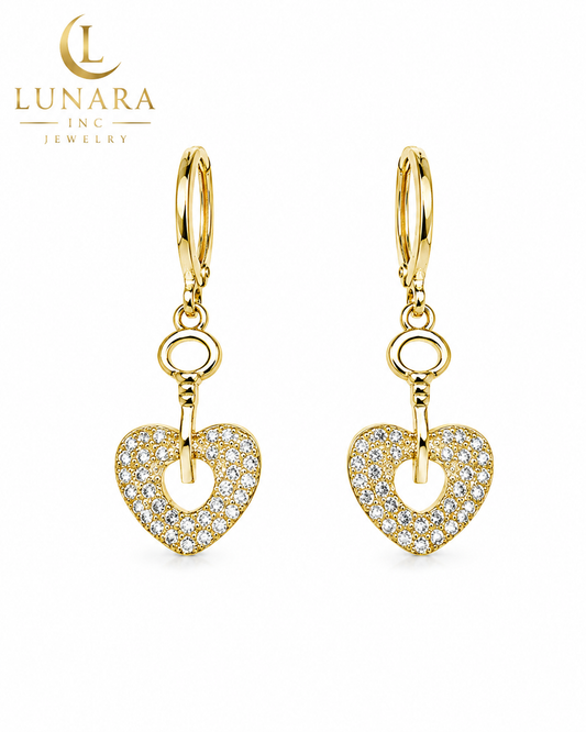 Sparkling Heart Key Drop Earrings