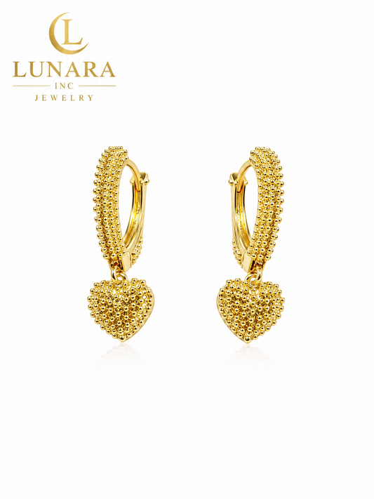 Golden Beaded Heart Huggie Earrings