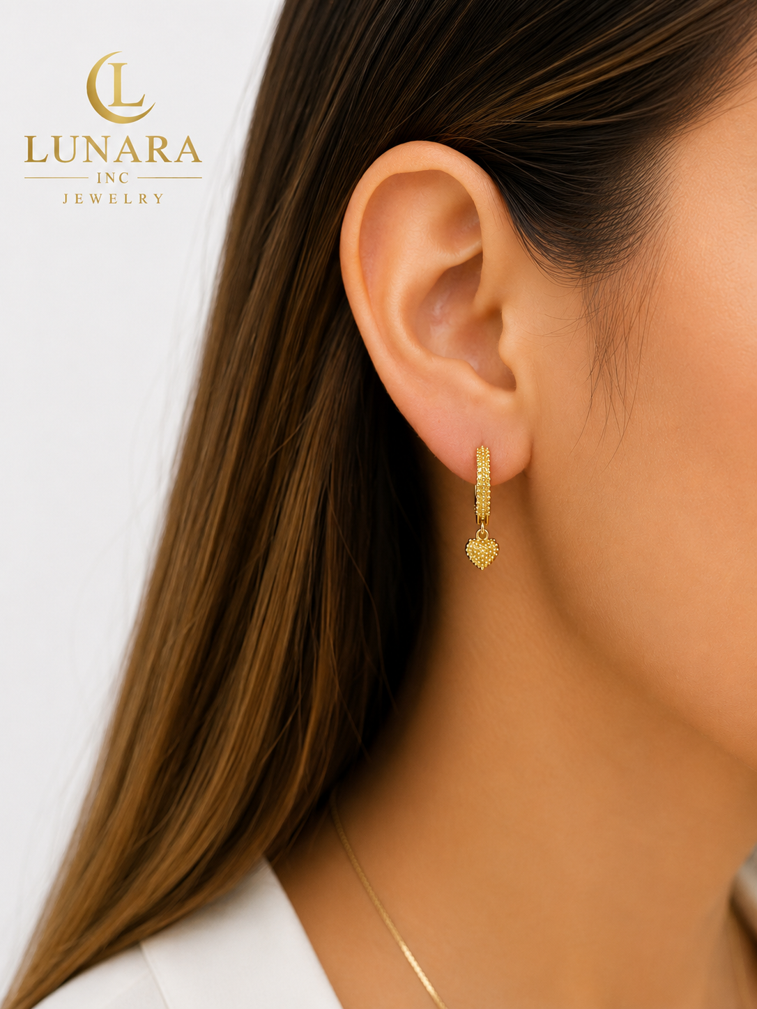 Golden Beaded Heart Huggie Earrings