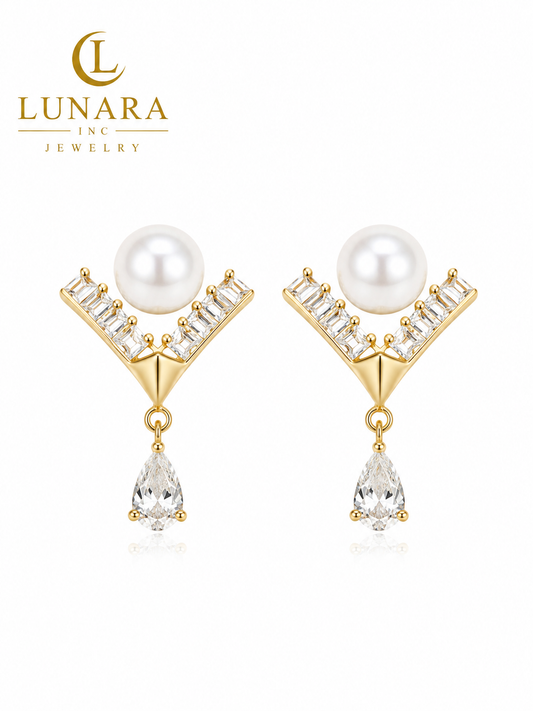 Pearl Chevron Crystal Drop Earrings
