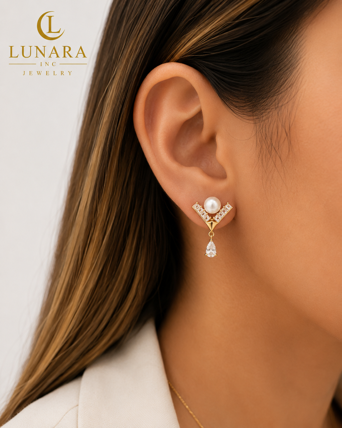 Pearl Chevron Crystal Drop Earrings