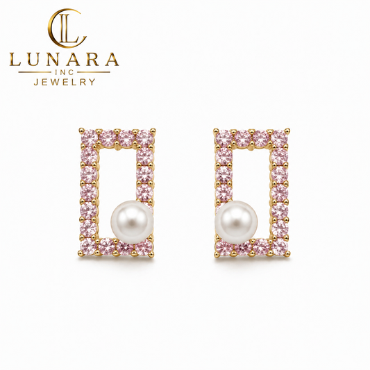 Pink Crystal Pearl Rectangle Stud Earrings 🌸✨