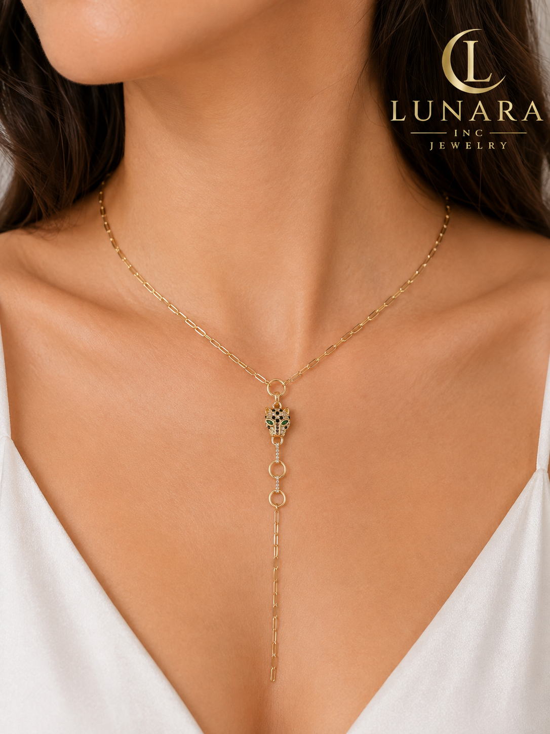 Golden Panther Lariat Necklace