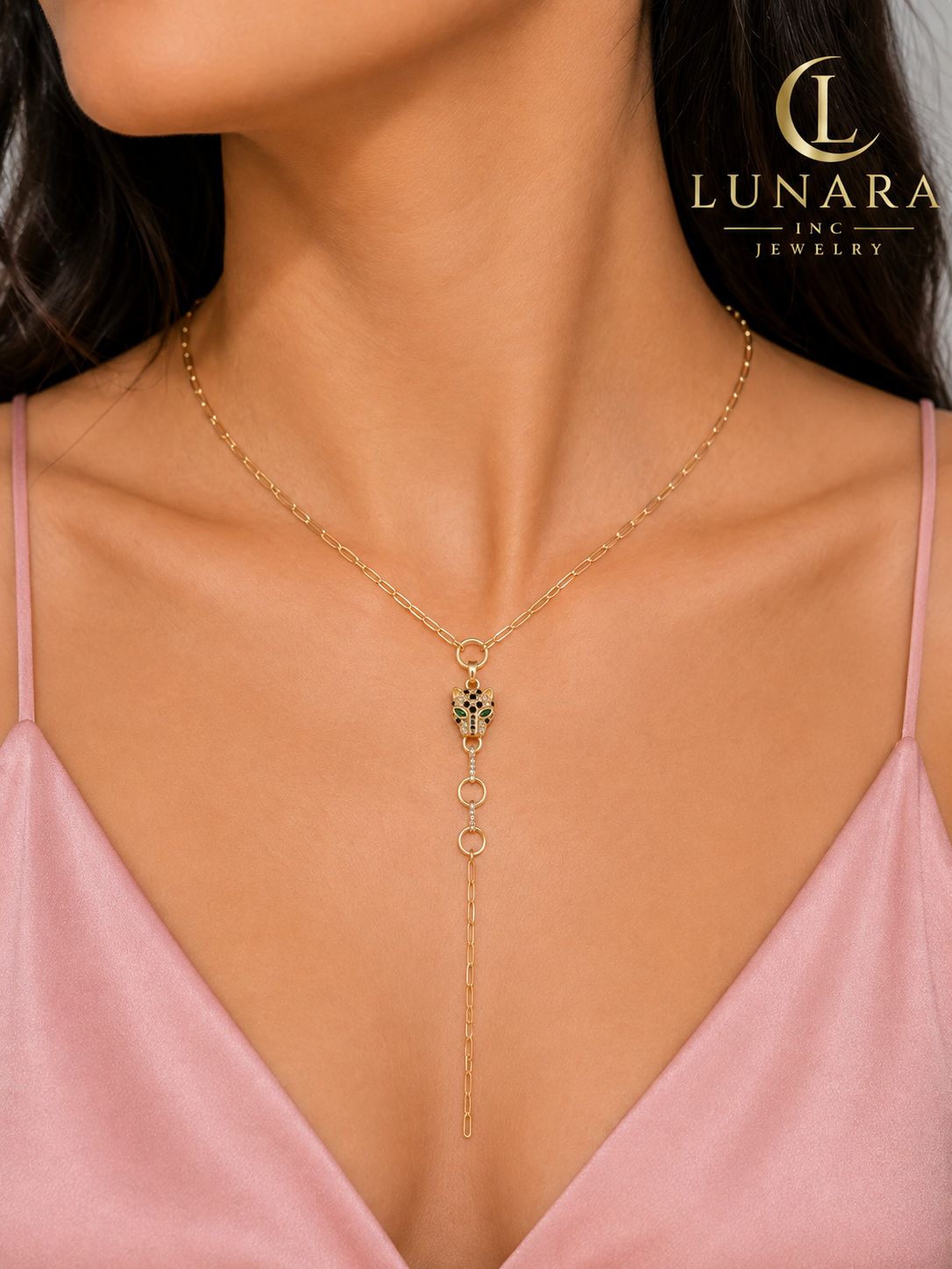Golden Panther Lariat Necklace