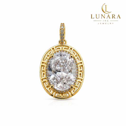 Greek Key Oval Crystal Statement Pendant