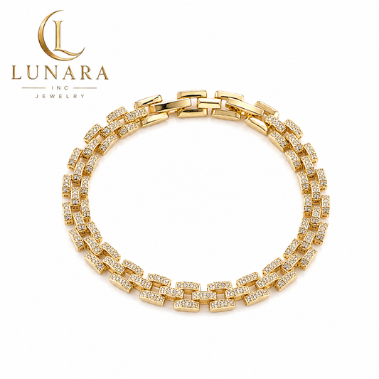 Luxury Rectangular CZ Link Bracelet – Gold Plated