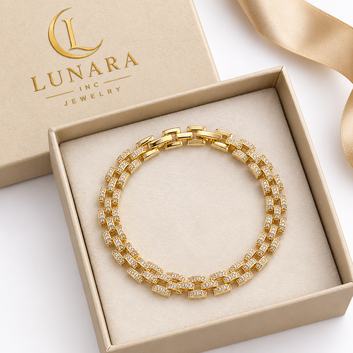 Luxury Rectangular CZ Link Bracelet – Gold Plated