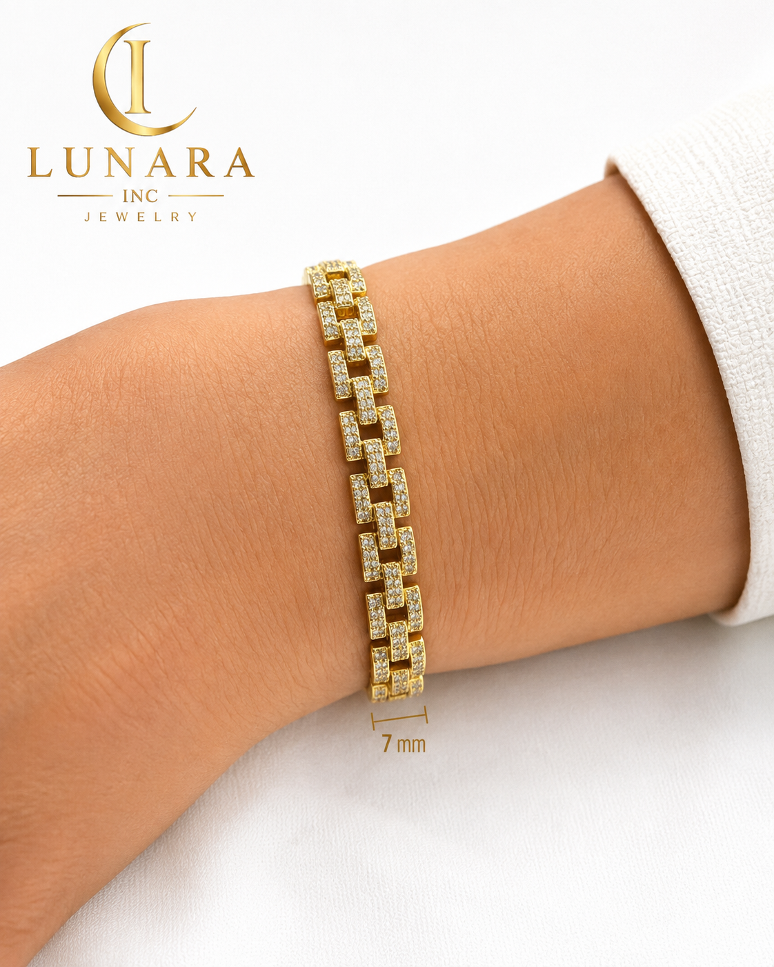 Luxury Rectangular CZ Link Bracelet – Gold Plated