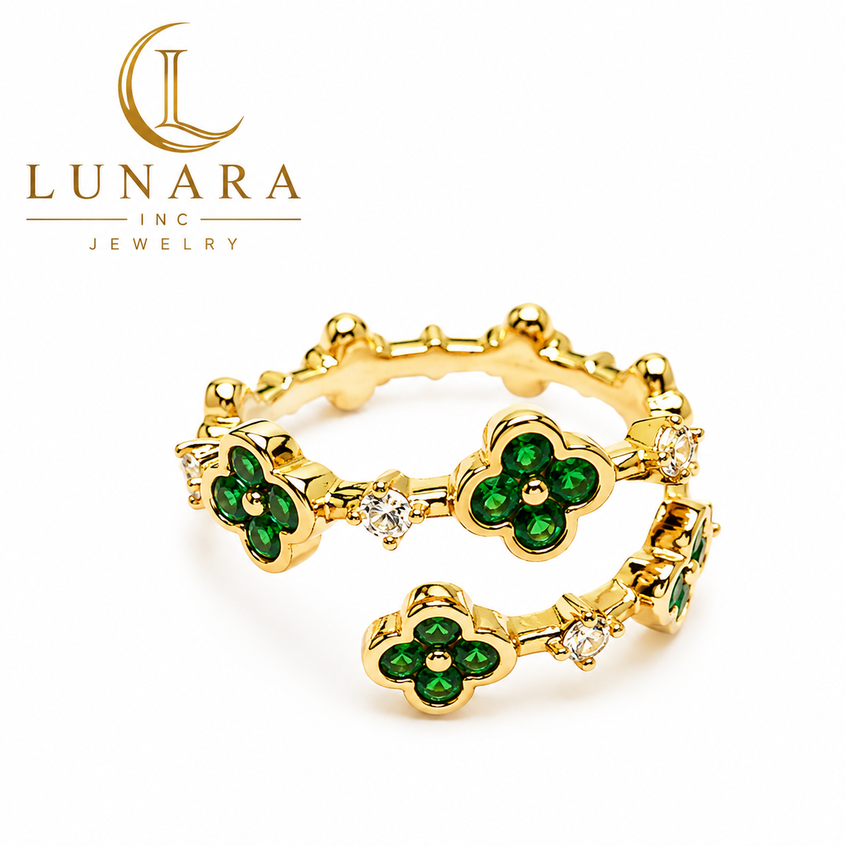 Emerald Green & Baby Pink Clover Wrap Open Ring