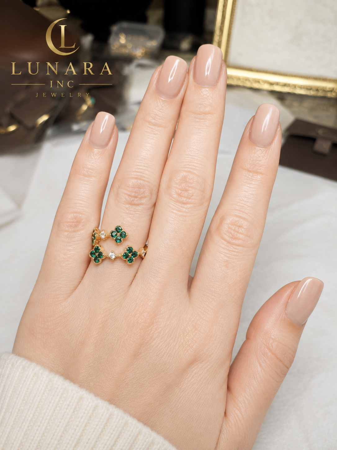 Emerald Green & Baby Pink Clover Wrap Open Ring