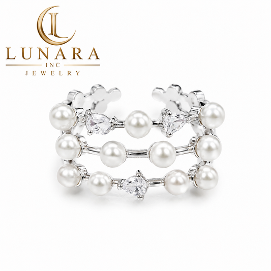 Silver Pearl & Crystal Triple Row Open Ring