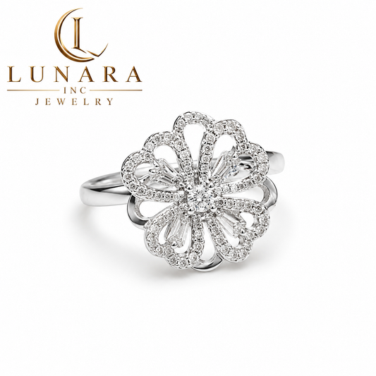 Silver Floral Sparkle Statement Ring