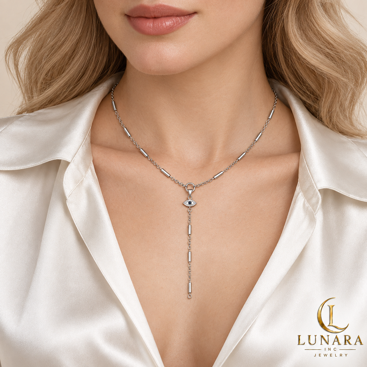 Silver Protective Eye Lariat Necklace